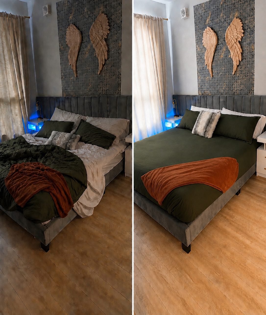 Bedroom before and after house cleaning service by Klinner in Nashville